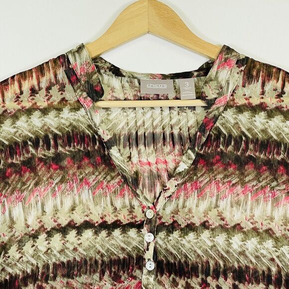 Chico's Brown Red Brush Stroke Sheer Chiffon Top‎ Shirt Blouse Womens 3 XL 16 - Picture 2 of 6